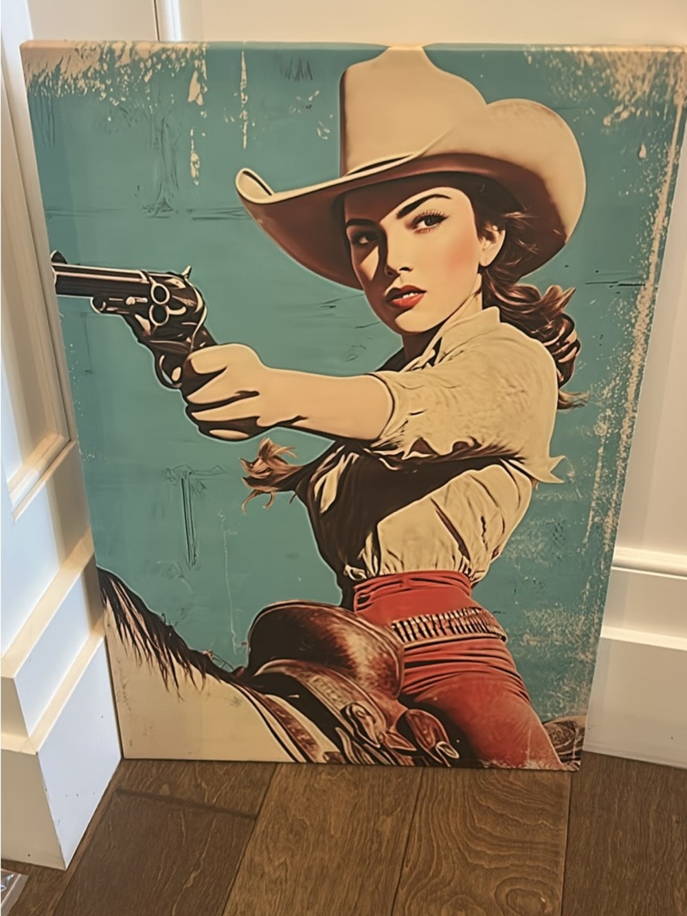 Vintage Western Cowgirl Canvas Art - Teal Background